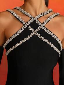 Elisanya LOVE Aing Elegant Luxury Mesh Patchwork Criss-Cross Rhinestone Handmade Asymmetrical Sexy Long Sleeve Dress, European & American Fashion - Black - View 10