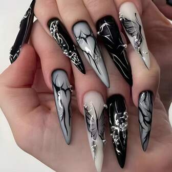 Dark, Cool And Spicy Punk-Style Nail Tips, Heart-Shaped Butterfly Wearable False Nails, Wearable Nail Tips