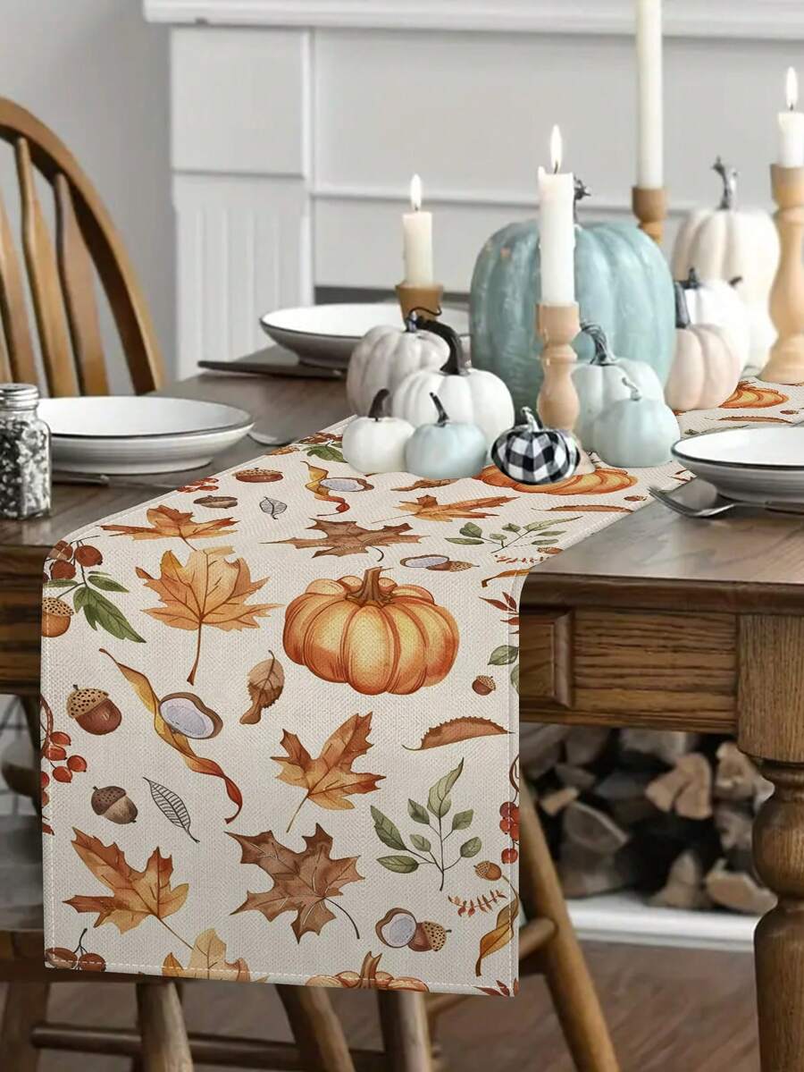 1pc/10pcs Autumn Pumpkin & Leaf Pattern Table Runner, Thanksgiving Table Runner, Harvest Festival Decor, Farmhouse Style, Linen-Like Material, 33*91CM/33*183CM/33*274CM, Indoor Outdoor Party Decoration, Pumpkin Theme Decor, Home Kitchen Dining Room Decoration