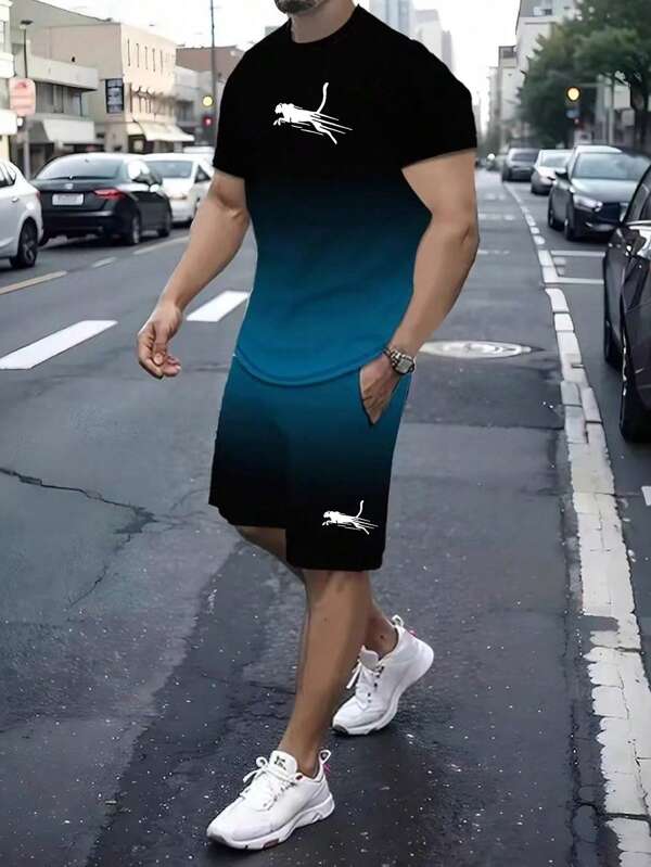 Men's Graphic Print Gradient Crew Neck Short Sleeve T-Shirt And Drawstring Waist Shorts Set, Summer