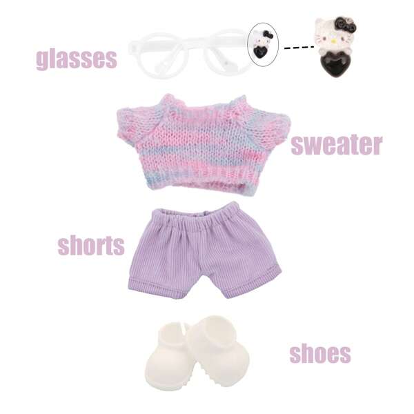 Sanrio 4pcs Outfit Set Suitable For Bubu Plush Doll, Including Sweater, Pants, Shoes, Paired With Cute Glasses, Accessories