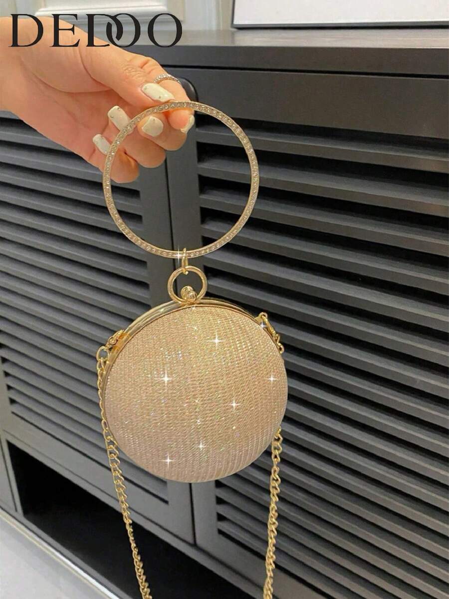 Lightweight Business Casual Rhinestone Decor Bucket Bag, Mini Drawstring Design, Transparent Faux Pearl - Gold - View 1