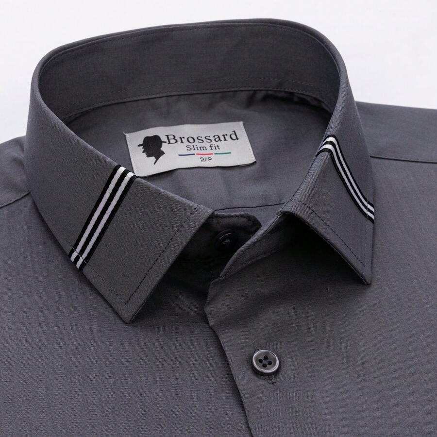 [Tedelon]56% Polyester 40% Cotton 4% Spandex ,Slim Fit Dress Shirt -Formal/Casual Shirt With Contrast Collar & Cuff Details, Breathable Cotton Blend For Business - 深灰色 - 查看 1