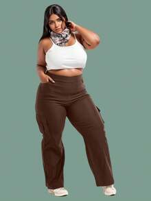 Wide Leg Cargo Plus Size Tailored Pants Women's High Waist, Women's Wide Leg Formal Pants Plus Size Wide Leg Cargo Tailored Premium Plus Size High Waist Formal Plus Size High Waist Casual Fashion Work Evening Large Sizes 46 To 56 - 鏽棕色 - 查看 3