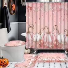 Elegant Autumn Bathroom Set - 4pcs, Includes Maple Leaf & Pumpkin Design Waterproof Polyester Shower Curtain, 12pcs Hooks, Anti-Slip Bath Mat, U-Shaped Toilet Lid Cover - Perfect For Autumn Bathroom Decor