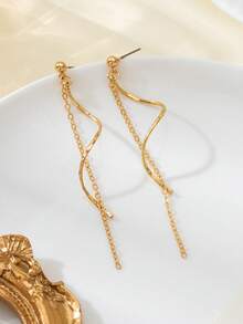 1 Pair Minimalist Metal Tassel Chain Curved Bar Pendant Earrings For Women - Yellow Gold - View 2