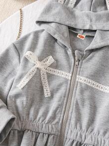 2件套女童韩版休闲荷叶边蝴蝶结兔耳朵拉链夹克和喇叭裤套装 - 灰色 - 查看 4