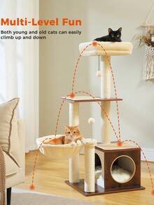 PAWZ Road Cat Tree Modern Cat Tower For Indoor Cats,Multilevel Cat Play House With Large Condo, Spacious Hammock, Cozy Top Perch,Scratching Post And Dangling Balls - 棕色 - 查看 3