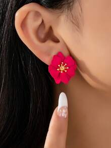 1 对时尚喷漆亮粉色花朵耳钉，适合女性度假佩戴