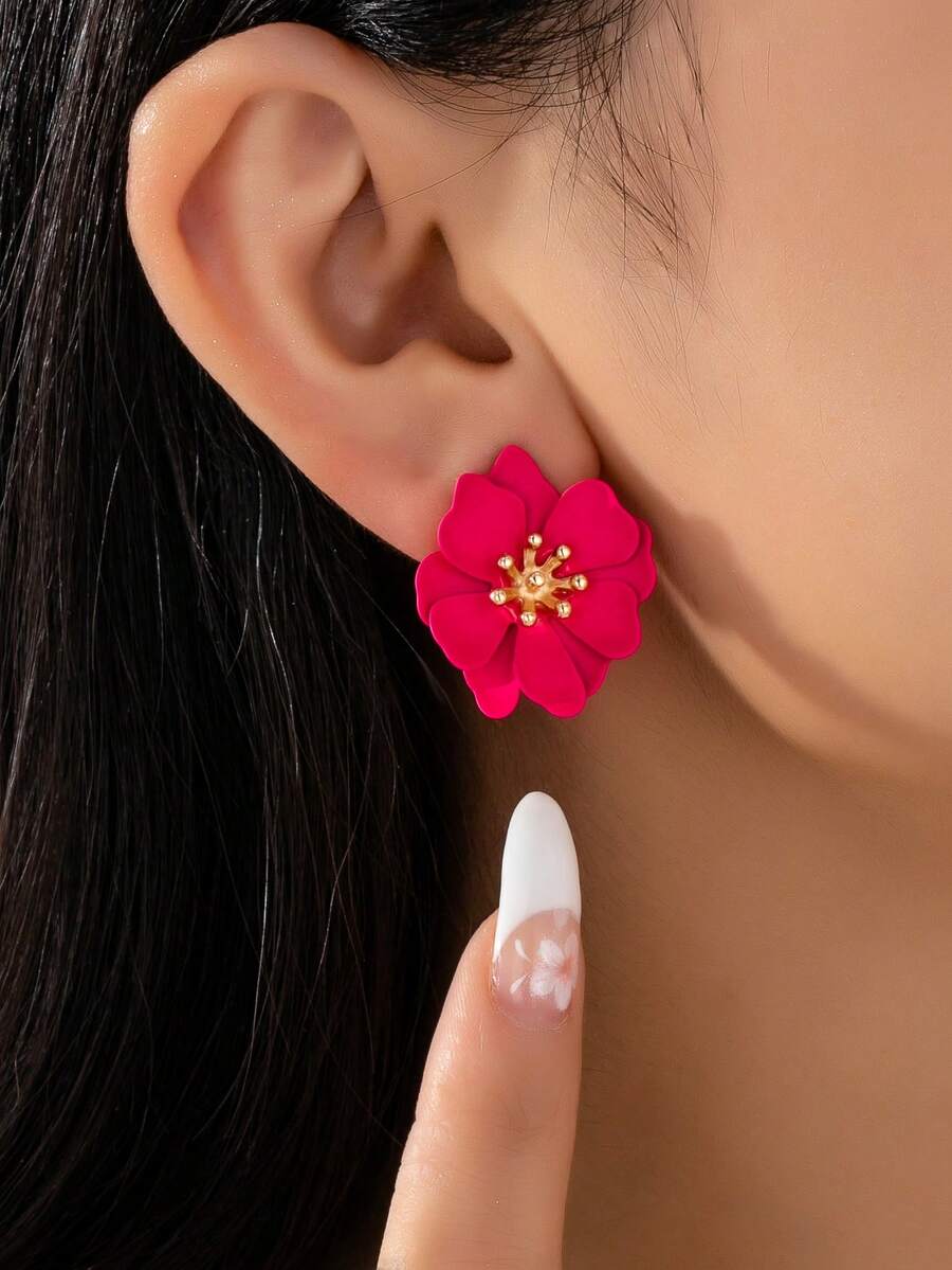 1 对时尚喷漆亮粉色花朵耳钉，适合女性度假佩戴
