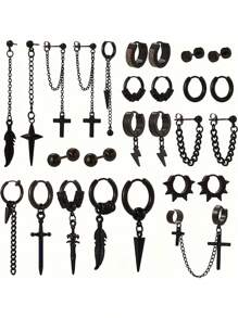 25/27 件黑色不锈钢耳环套装，男士十字架和羽毛吊坠链，嘻哈朋克圈形耳环 - 30件/套 A - 查看 1