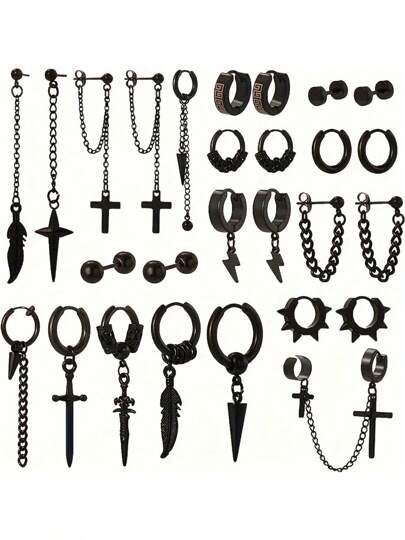 25/27 件黑色不锈钢耳环套装，男士十字架和羽毛吊坠链，嘻哈朋克圈形耳环