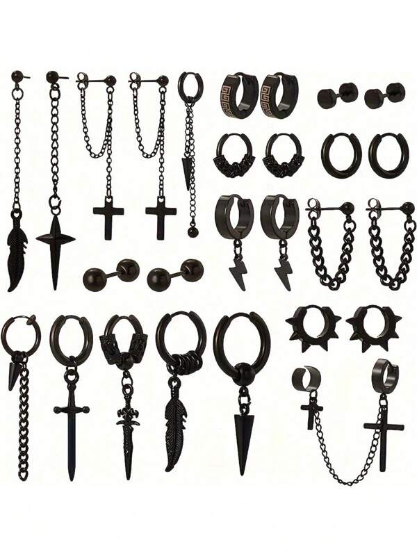 25/27pcs Black Stainless Steel Earring Set, Men's Cross & Feather Pendant Chain, Punk Hoop Earrings