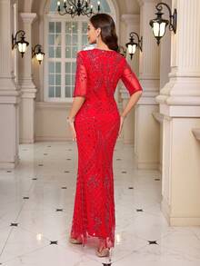 JINLICX V-Neck Sleeveless Beaded Tassel Decor Luxurious Party Wedding Dress - Red - View 3