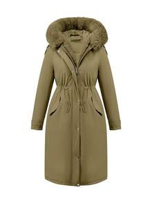 Women's Mid-Length Jacket With Faux Fur Collar And Belt, Suitable For Autumn/Winter - Army Green - View 2