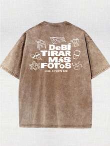 1 Piece, Puerto Rico Street Life Pattern Cotton T-Shirt-Vintage Washed Appearance, Double-Sided Printed American Flag And Leisure Illustration, Loose Version, Short Sleeves, Round Neck, Perfect Summer Gift For Men. - Màu Khaki - Xem 2