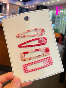 4个甜美简约印花BB夹，时尚可爱格子卡通发夹，适用于刘海和侧发，适合女性和学生，波点学院风，爪夹，发爪，发夹，发卡，发饰 - 亮色 - 查看 9