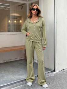 Conjunto  Compuesto Por Sudadera Con Capucha Y Cierre Y Pantalones Deportivo - Verde Oliva - Ver 2