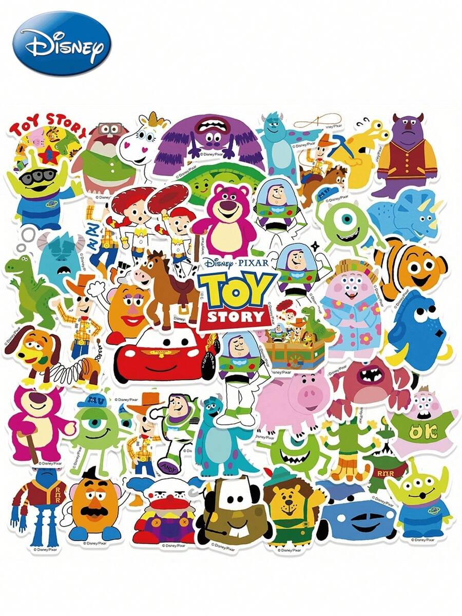50pcs Disney Pixar Toy Story Official Licensed Waterproof PVC Stickers, Includes Buzz Lightyear, Woody, Jessie, Rex, Aliens And Other Characters, Cartoon Decals For Water Bottles, Notebooks, Phones, Laptops, Helmets, Cars, Luggage, Creative Gift For Friends, Fans, Collectors - Multicolor - View 1