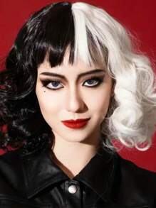 1pc/Ladies' Fashion Black And White Yin-Yang Curly Wig, Medium Length, Very Suitable For All Kinds Of Costume Role-Playing.,Halloween