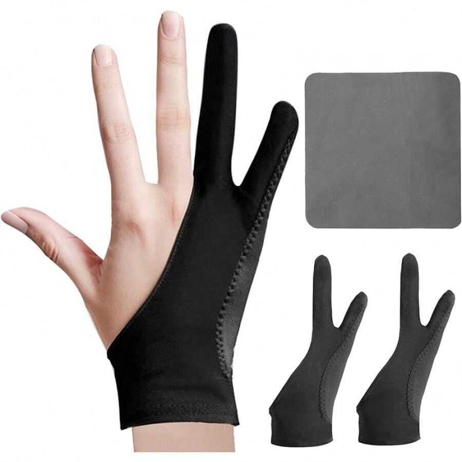 Digital Drawing Glove: 3-Layer Rejection, Two-Finger Artist Glove Drawing Tablet,, Paper Sketching, Fits Left And Right Hand, Includes Cleaning Cloth (2-Pack, Medium, Black) - Midnight Ink - View 1