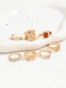 7pcs/Set Fashionable Luxury Personalized Elegant Delicate Multi-Color Crystal Geometric Metal Ring Set, Women's Daily Jewelry Accessories - Yellow Gold - View 3