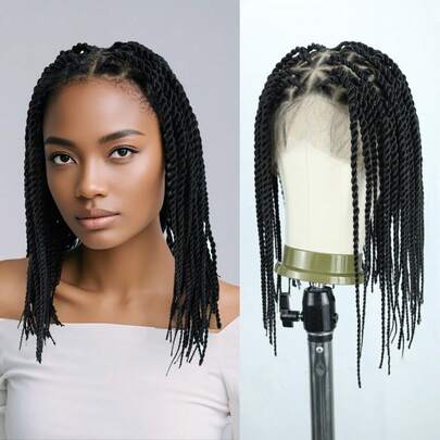 360° HD Full Lace Braid Wig Knotless Braid Wig Twist Braid Wig Full Lace Wig With Baby Hair Handmade Crochet Synthetic Twist Braid Wig 14 Inch Natural Black Daily Holiday Party Wear