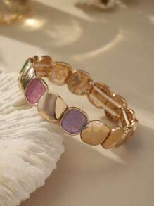 Elegant Vintage Minimalist Style Elastic Zinc Alloy Bracelet For Women - KC Gold Plated Oval Glossy & Matte Design, Versatile For Daily Wear, Formal Events, Sophisticated Gift