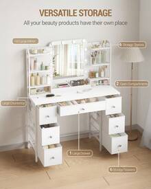 HEXCELEN Dressing Table With LED Lighting, Dressing Table With Large HD Mirror, 7 Drawers And 6 Storage Compartments, Bedroom Dressing Tables, Modern White - trắng - Xem 4