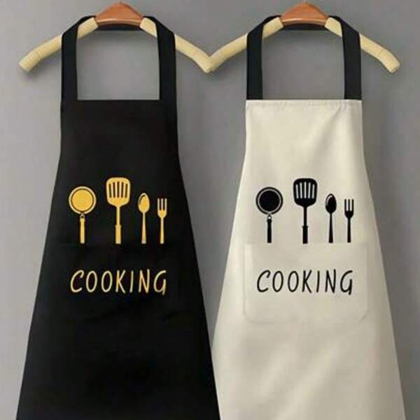 1pc Waterproof & Oil-Proof Apron For Men & Women, Kitchen Cooking Household Work Stain-Resistant Apron, Korean Style Waist Apron With Tool Print - 100% Coated, Waterproof & Oil-Proof, Woven Cooking Apron With Pockets, Suitable For Baking, Gardening, Etc.