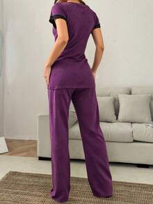 女士短袖紫色碎花睡衣 - 紫色 - 查看 2