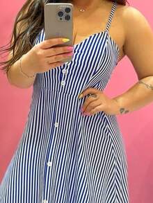 Women's Long Loose Viscose Dress Simple Ruffle Hem Buttons On The Front Striped Straps - Azul y blanco - Ver 6