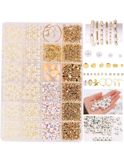 DIY Pearl Jewelry Making Kit, Includes Gold Plated Spacer Beads, Gold Letter Heart Beads, White Round Beads, Shell Beads, Bracelet & Earring Findings, Craft Supplies For Girls, Christmas, Party Gifts