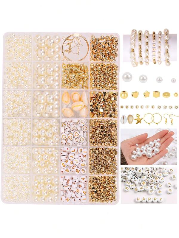DIY Perlen Schmuckherstellungs-Set, beinhaltet goldfarbene Abstandsperlen, goldfarbene Buchstaben-Herzperlen, weiße runde Perlen, Muschelperlen, Armband- und Ohrringzubehör, Bastelzubehör für Mädchen, Weihnachten, Party Geschenke