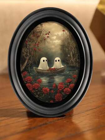 1pc Ghosts And Roses - Vintage Style Character Wall Decor - Wooden Decorative Sign (5*7 Inches), Oval Rectangle Art Room Decor Photo Frame, Perfect Gift For Halloween, Christmas And Thanksgiving Home Decor Halloween Decor