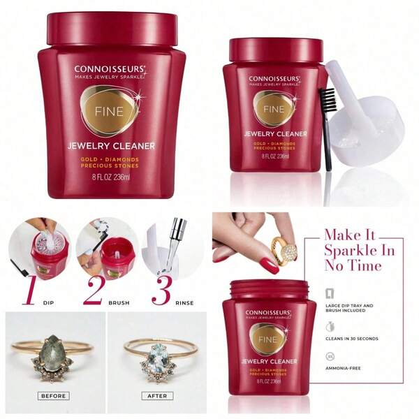 Fine Jewelry Cleaner 8oz - Ammonia-Free, With Dip Tray & Brush, Sparkle For Gold, Diamonds & Precious Stones