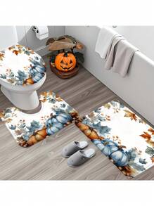 [Popular][Open JIT] 1/4 Pcs Autumn Thanksgiving Shower Curtain Set, Pumpkin Maple Leaf Farmhouse Burnt Orange Blue Waterproof Polyester Washable Autumn Bathroom Shower Home Decor Gift With 12pcs Hooks Non-Slip Bath Mat U-Shape Toilet CoverHalloween Room Decor