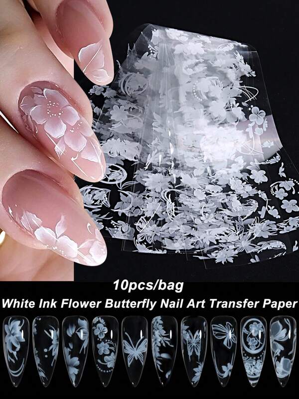 10 قطع/مجموعة ورق نقل أظافر بنقوش الأزهار الحبرية، الثلج الأبيض، العشب المقطوع، الأزهار، الفراشات والخطوط، تصميمات فنية للأظافر Y2K جميلة، ورق نقل فني للأظافر (غير لاصق)