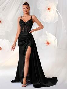 ADYCE 女士优雅吊带V领刺绣镂空高腰长款露背连衣裙，适合盛大晚宴、生日派对、正式晚宴、约会、返校节、婚礼宾客、正式晚宴、家庭聚会等场合。 - 黑色 - 查看 5