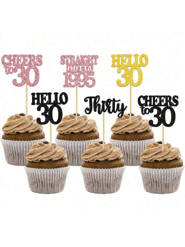 12 Peças Toppers de Cupcake de Feliz Aniversário, Palitos Pretos Brilhantes para Decoração de Bolo de 18th, 21th, 30th, 40th, 50th, 60th, 70th Aniversário, Suprimentos para Festa de Aniversário, Disponível em Preto, Dourado, Rose Gold
