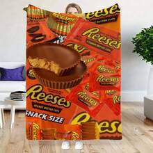 1pc Reese'S Peanut Butter Cups Themed Flannel Blanket - Glam Anime Style Digital Print Non-Woven Fabric, All Seasons Cozy 250-300gsm Polyester, Ideal For Christmas, Wedding, Birthday Gifts