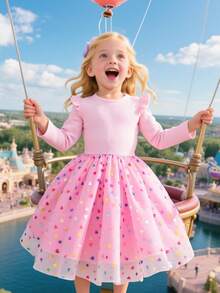 Kleine Mädchen Bunter Polka Punkt Mesh Trompetenärmel Rundhals Prinzessin Kleid, geeignet für Party, Outdoor, Alltag, Urlaub, Geschenk