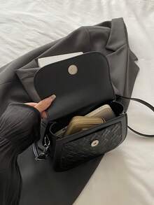 时尚撞色钻石压纹马鞍形迷你斜挎包 - 黑色 - 查看 6