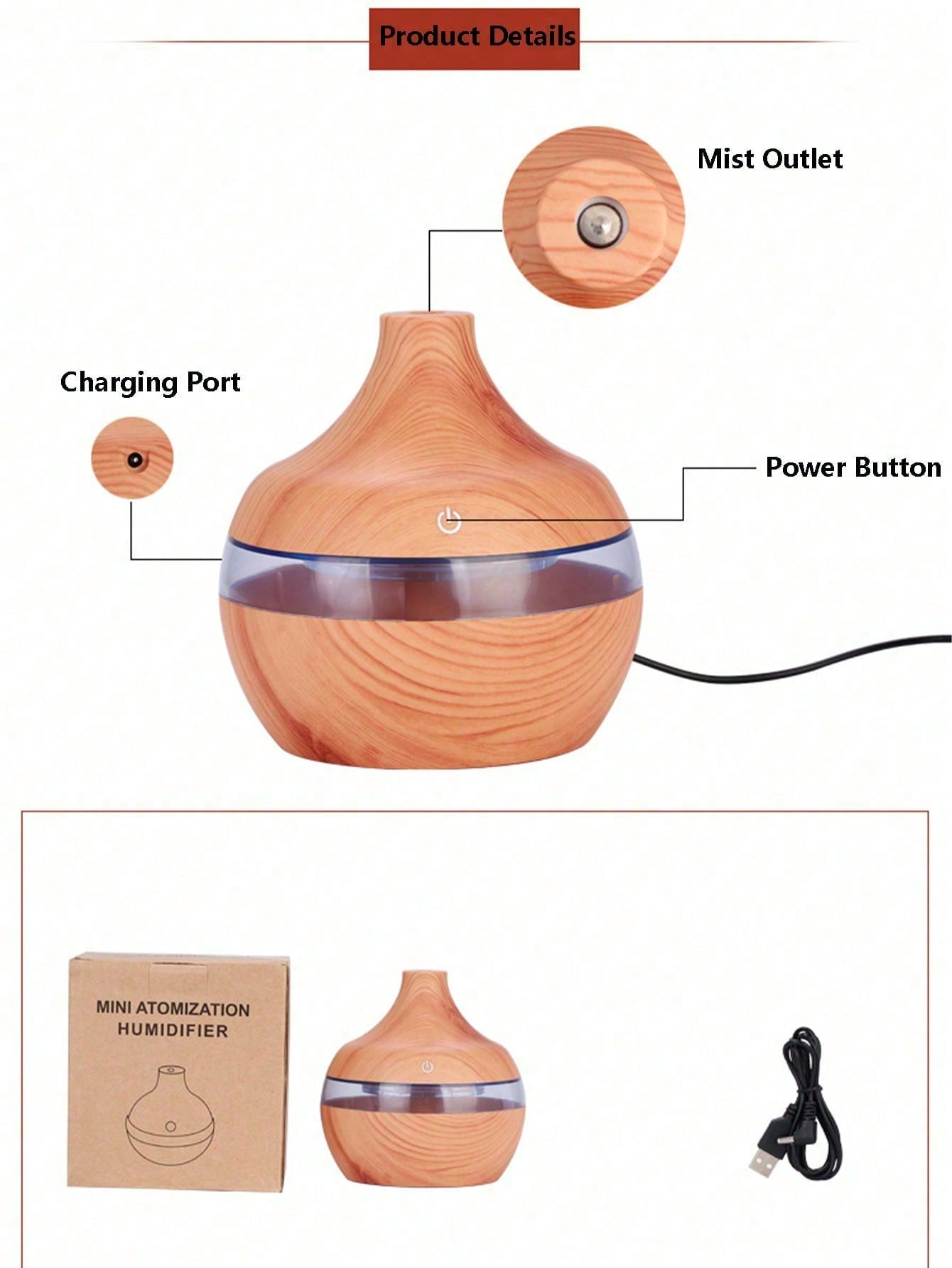 مرطب الهواء بتصميم الخشب مع إضاءة ليلية، يعمل بالط...