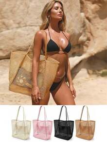 网眼沙滩包，女士单肩手提包，大容量可折叠网眼泳包，带口袋，洗漱用品和游泳装备收纳袋，沙滩度假配件手提包 - 彩色 - 查看 3