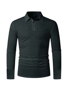 Kemeja Polo Lengan Panjang Warna Polos Serbaguna untuk Pria, Gaya Kasual Musim Gugur - Dark Grey - View 3
