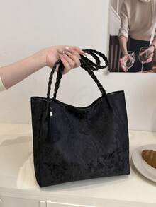 1pc Women's Fashion Commuter Large Capacity Printed Tote Bag, Suitable For Beach, Travel, Minimalist, Lightweight, Unique Woven Strap, Elegant Ribbon, Foldable - Black - View 4