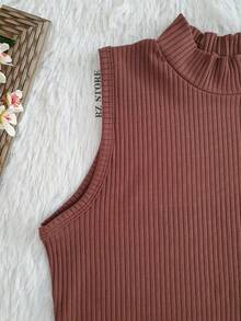 Cropped Gola Alta Feminino Canelada top Regata casual Feminina Slim fit basico - Marrom - Visão 2