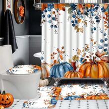 4pcs/1pc Autumn Harvest Pumpkin & Foliage Print Bathroom Curtain Set, Waterproof Shower Curtain With Hooks, Bathroom Non-Slip Mat, U-Shaped Toilet Mat, Toilet Seat Cover, Holiday Home Bathroom Decor Curtain Set