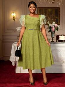 Plus Size Wavy Knitted Fabric Asymmetrical Collar A-Line Swing Dress Mesh Ruffle Short Sleeve Party Dresses For Woman